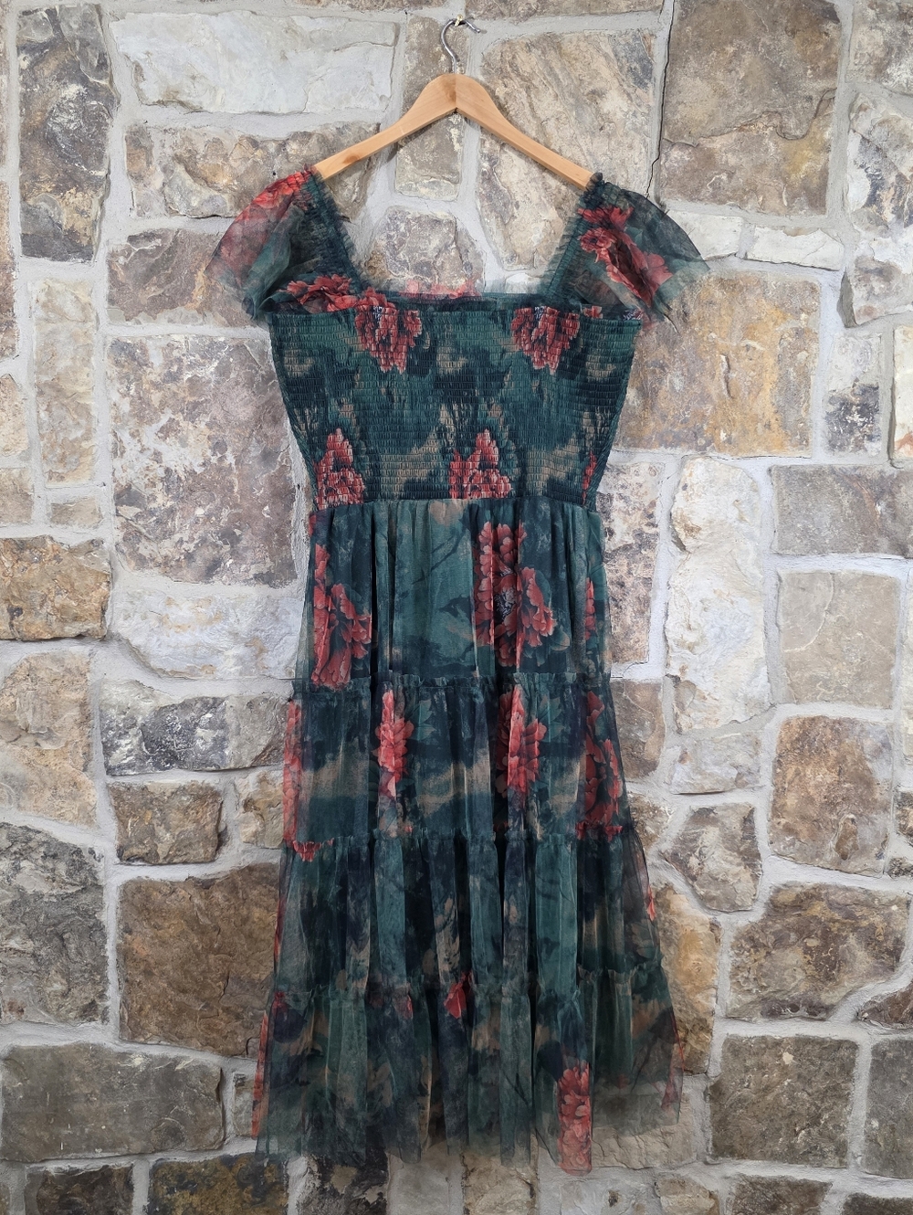 NWT Baltic Born Clementine Tulle Dark Green Floral Midi Dress - Picture 4 of 7
